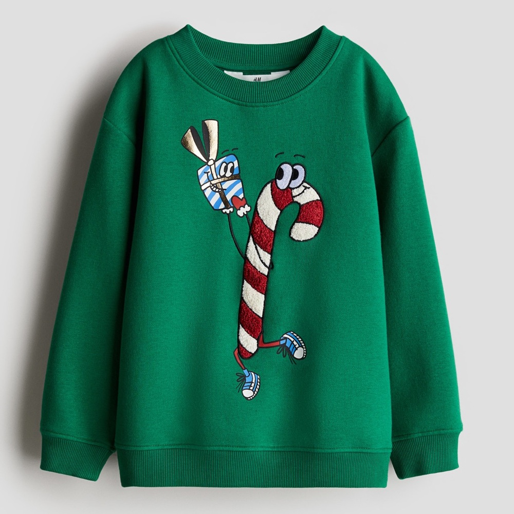 H&M Green Kids Printed Sweatshirt with Candy Cane Design - Size 4T